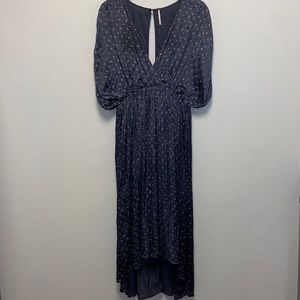 Free People Deep V Open Back Slate Blue Floral Gold Pattern Hi Low BoHo Dress